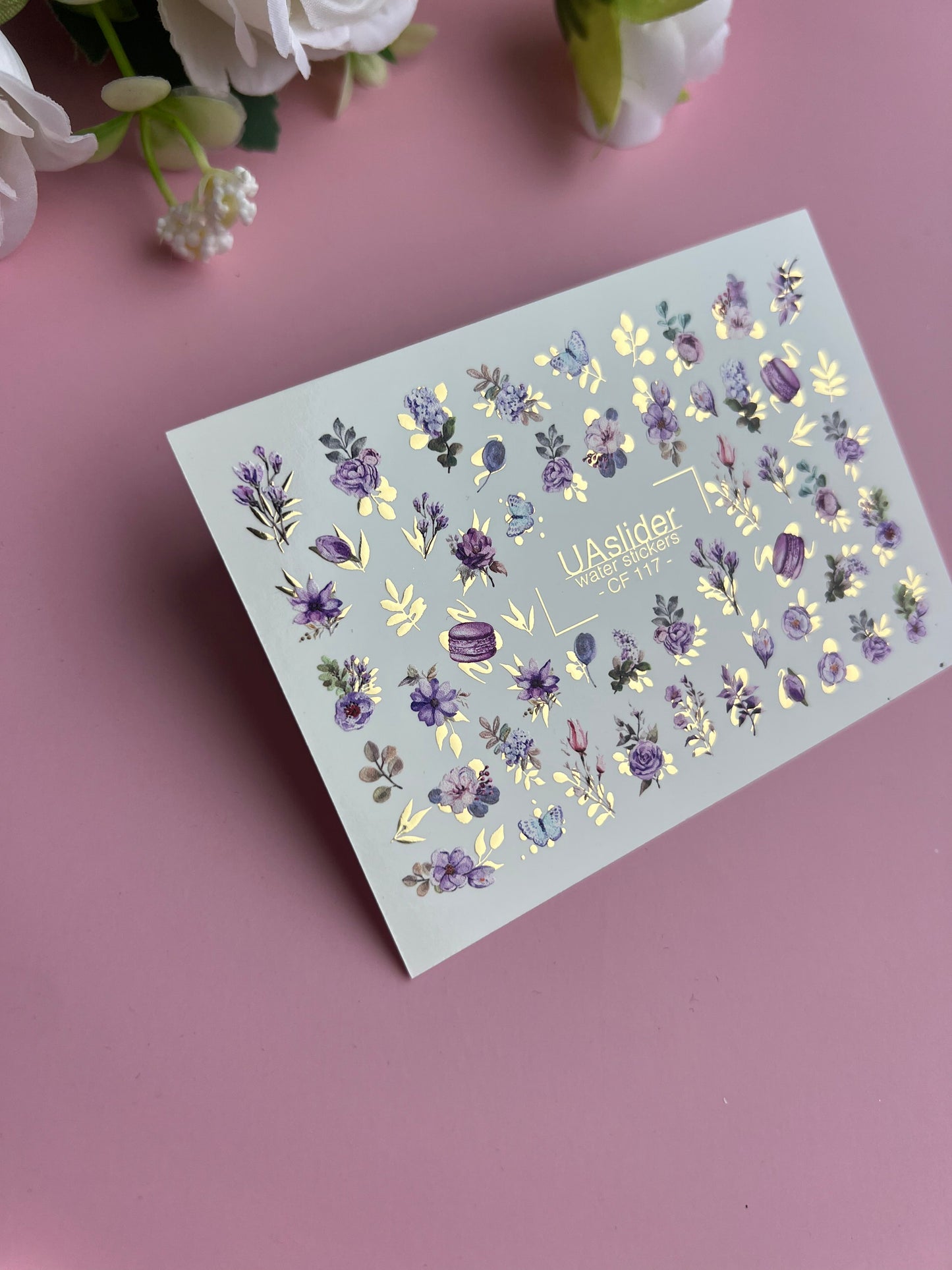 Nail Water Decal CF-117 | Floral Water Slide Nail Decals | Purple Flowers, Butterflies & Macarons