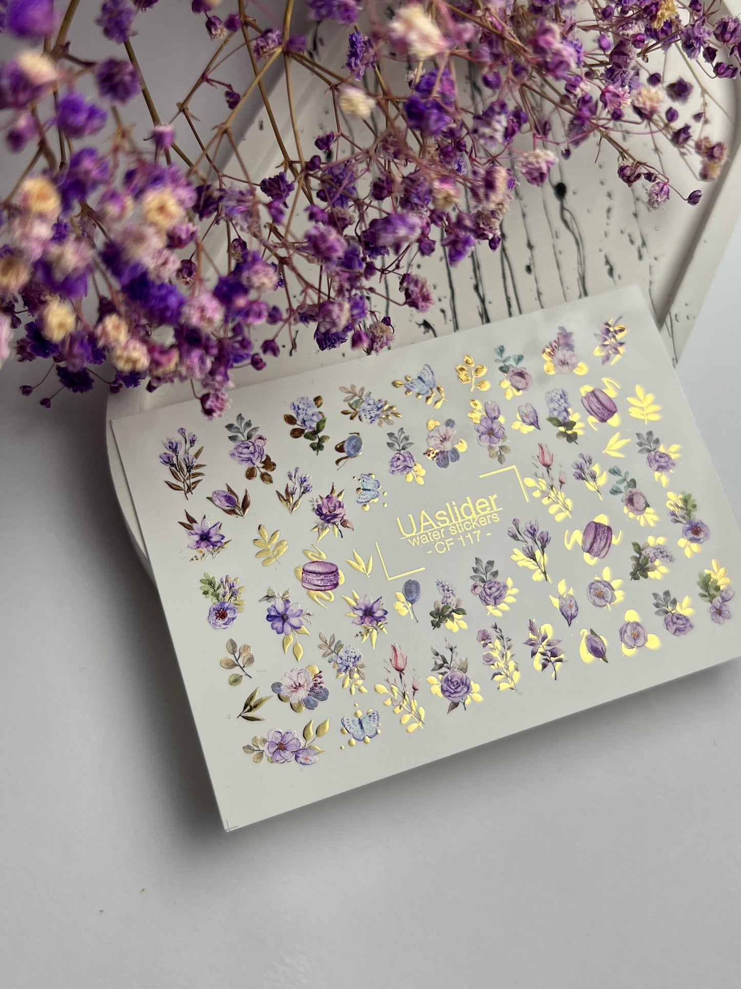 Nail Water Decal CF-117 | Floral Water Slide Nail Decals | Purple Flowers, Butterflies & Macarons