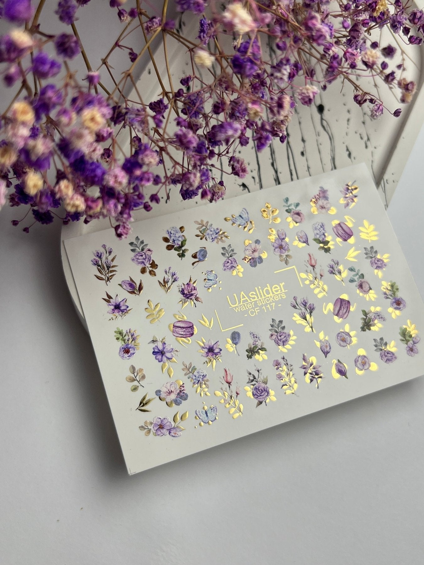 Nail Water Decal CF-117 | Floral Water Slide Nail Decals | Purple Flowers, Butterflies & Macarons - UASLIDER