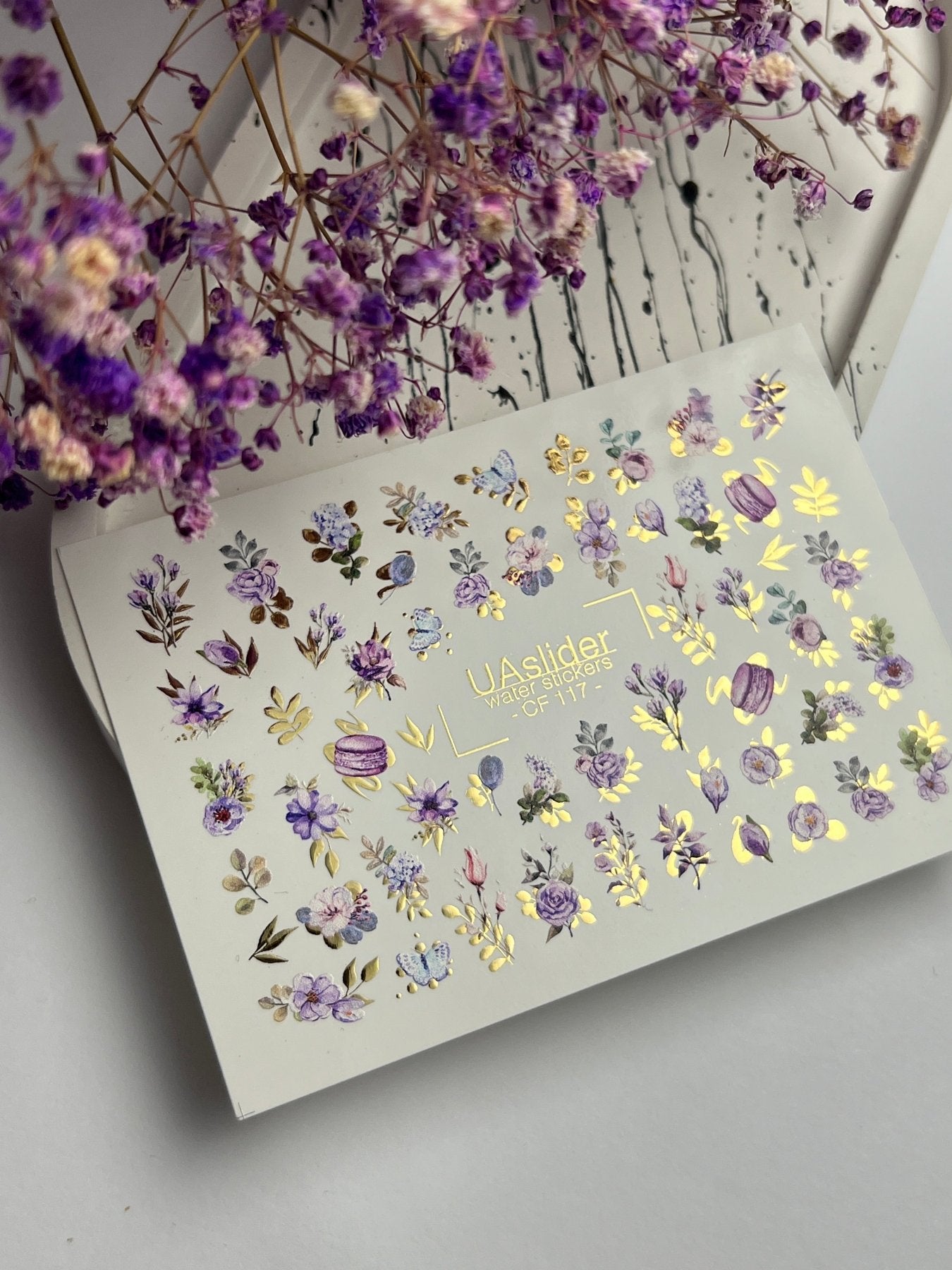 Nail Water Decal CF-117 | Floral Water Slide Nail Decals | Purple Flowers, Butterflies & Macarons - UASLIDER