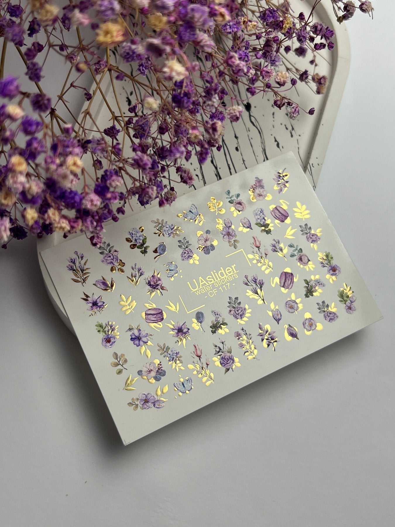 Nail Water Decal CF-117 | Floral Water Slide Nail Decals | Purple Flowers, Butterflies & Macarons - UASLIDER
