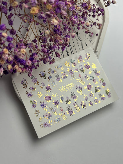 Nail Water Decal CF-117 | Floral Water Slide Nail Decals | Purple Flowers, Butterflies & Macarons