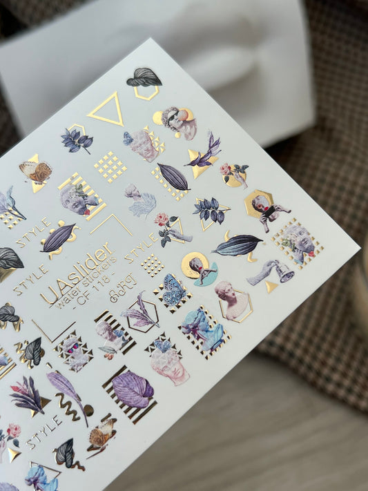 Nail Water Decal CF-118 | Artistic Water Slide Nail Decals | Sculpture, Leaves & Gold Geometric Accents