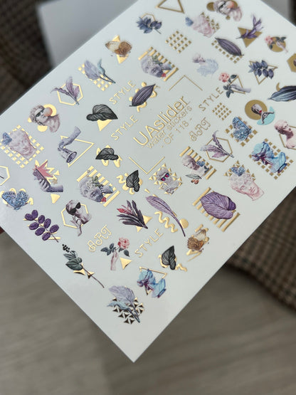 Nail Water Decal CF-118 | Artistic Water Slide Nail Decals | Sculpture, Leaves & Gold Geometric Accents