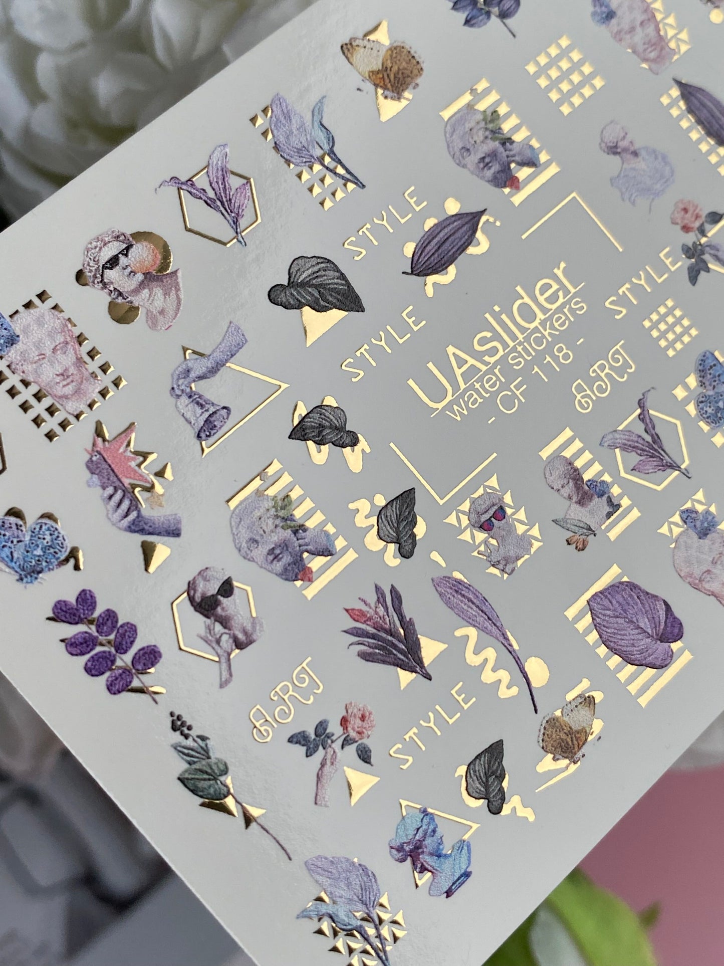 Nail Water Decal CF-118 | Artistic Water Slide Nail Decals | Sculpture, Leaves & Gold Geometric Accents