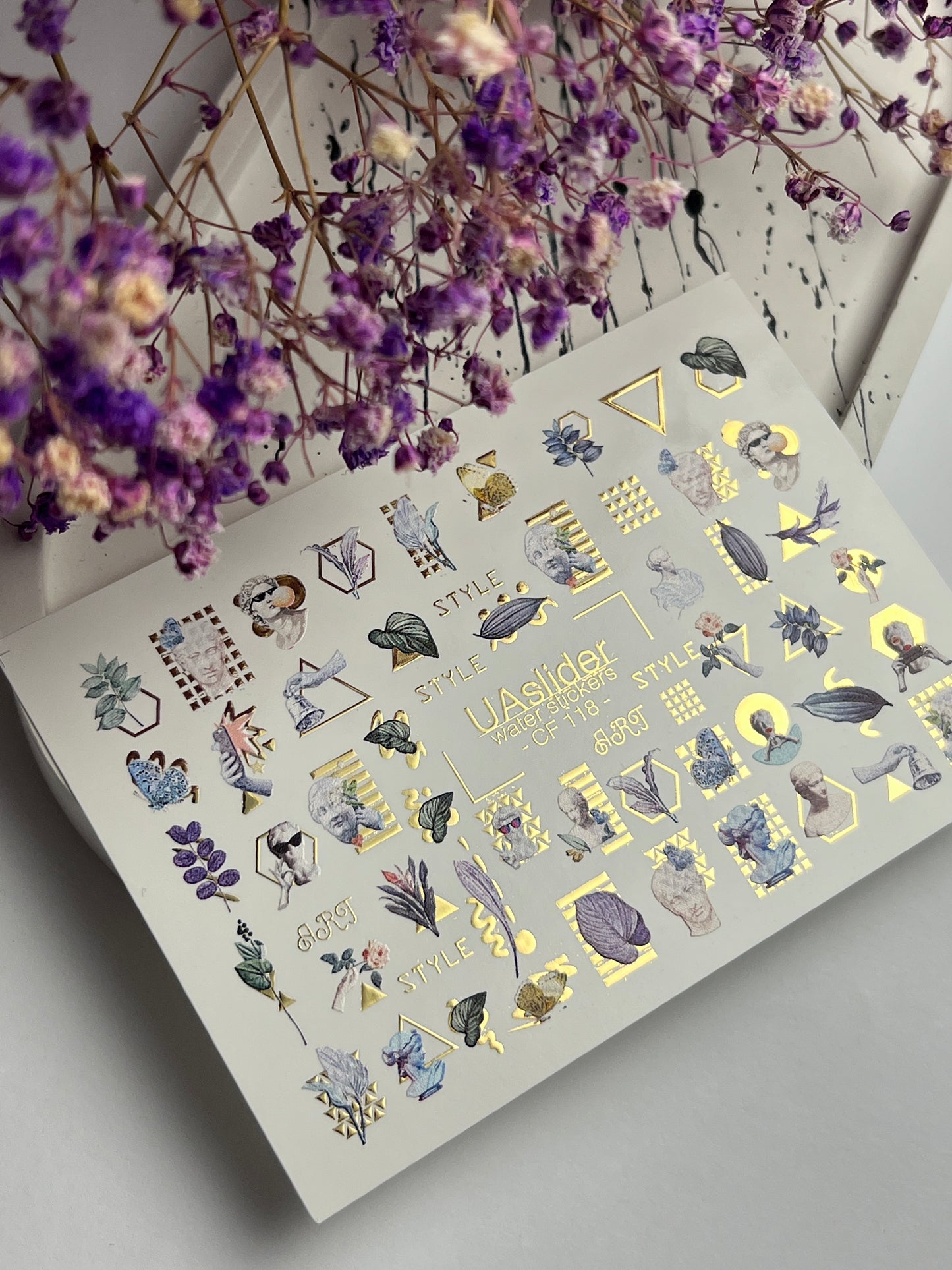 Nail Water Decal CF-118 | Artistic Water Slide Nail Decals | Sculpture, Leaves & Gold Geometric Accents