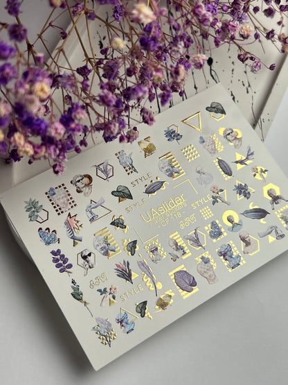 Nail Water Decal CF-118 | Artistic Water Slide Nail Decals | Sculpture, Leaves & Gold Geometric Accents