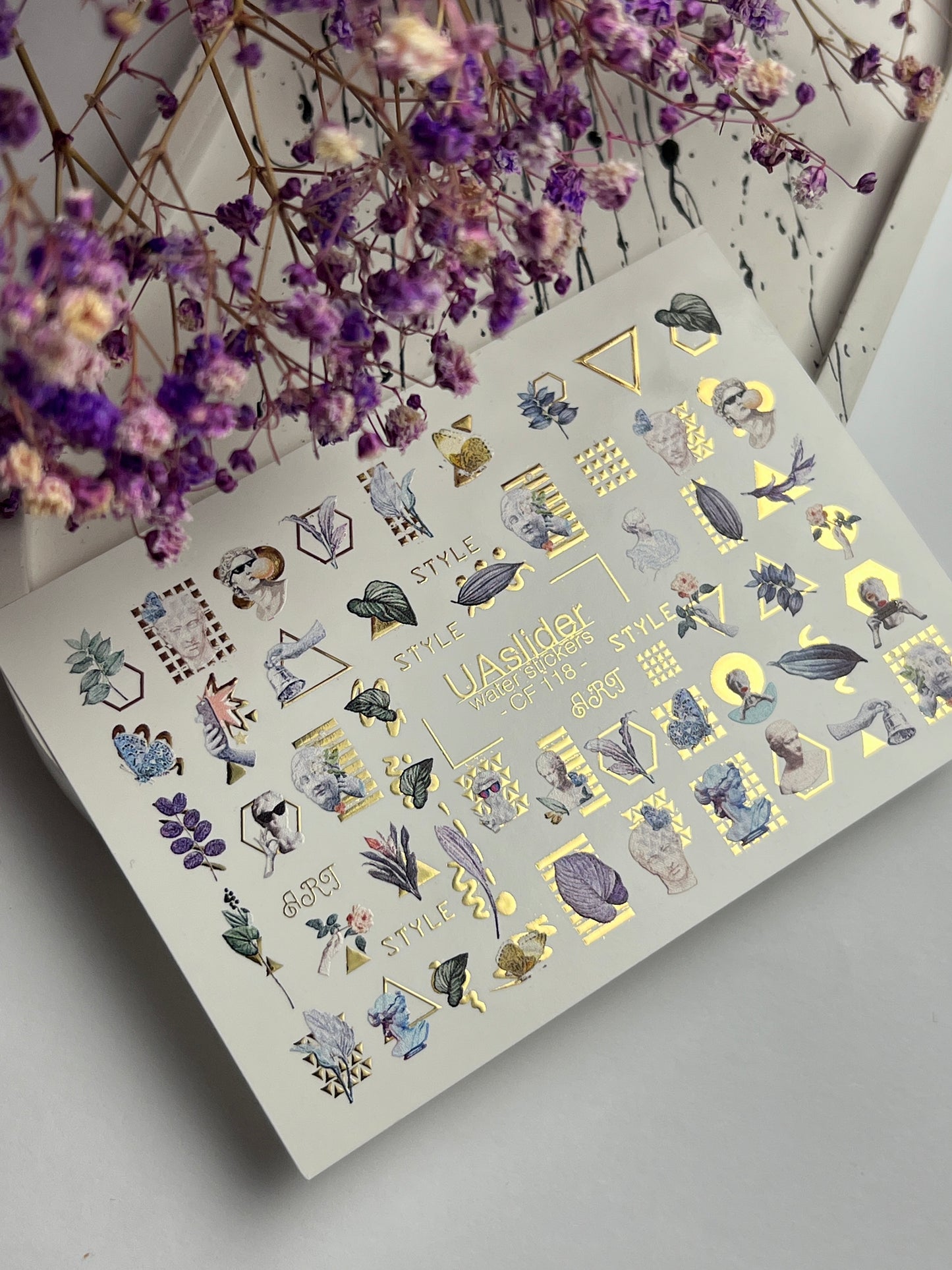 Nail Water Decal CF-118 | Artistic Water Slide Nail Decals | Sculpture, Leaves & Gold Geometric Accents