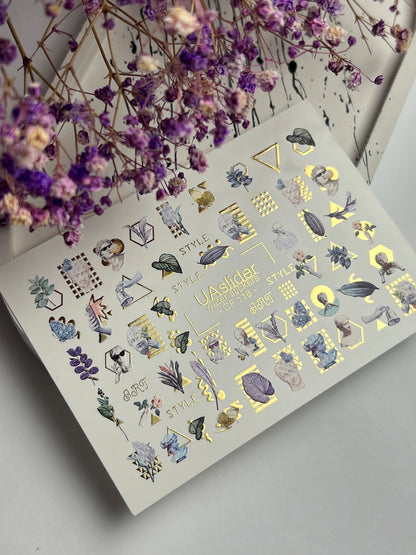 Nail Water Decal CF-118 | Artistic Water Slide Nail Decals | Sculpture, Leaves & Gold Geometric Accents