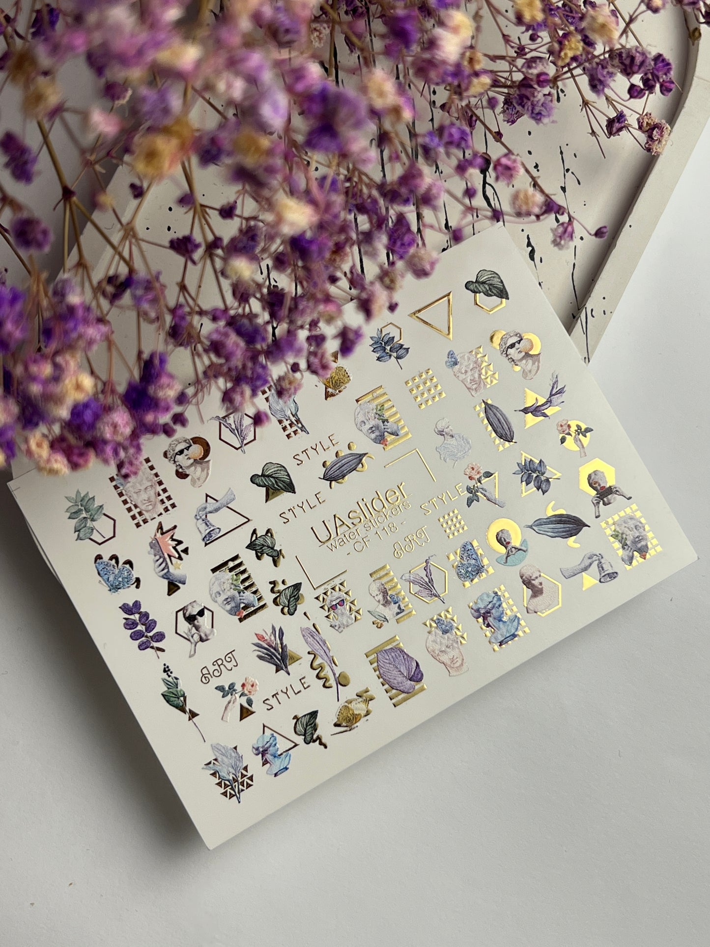 Nail Water Decal CF-118 | Artistic Water Slide Nail Decals | Sculpture, Leaves & Gold Geometric Accents