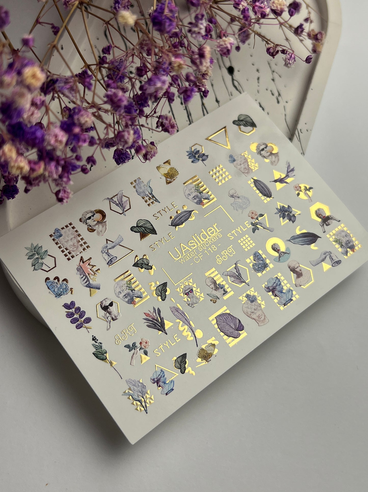 Nail Water Decal CF-118 | Artistic Water Slide Nail Decals | Sculpture, Leaves & Gold Geometric Accents