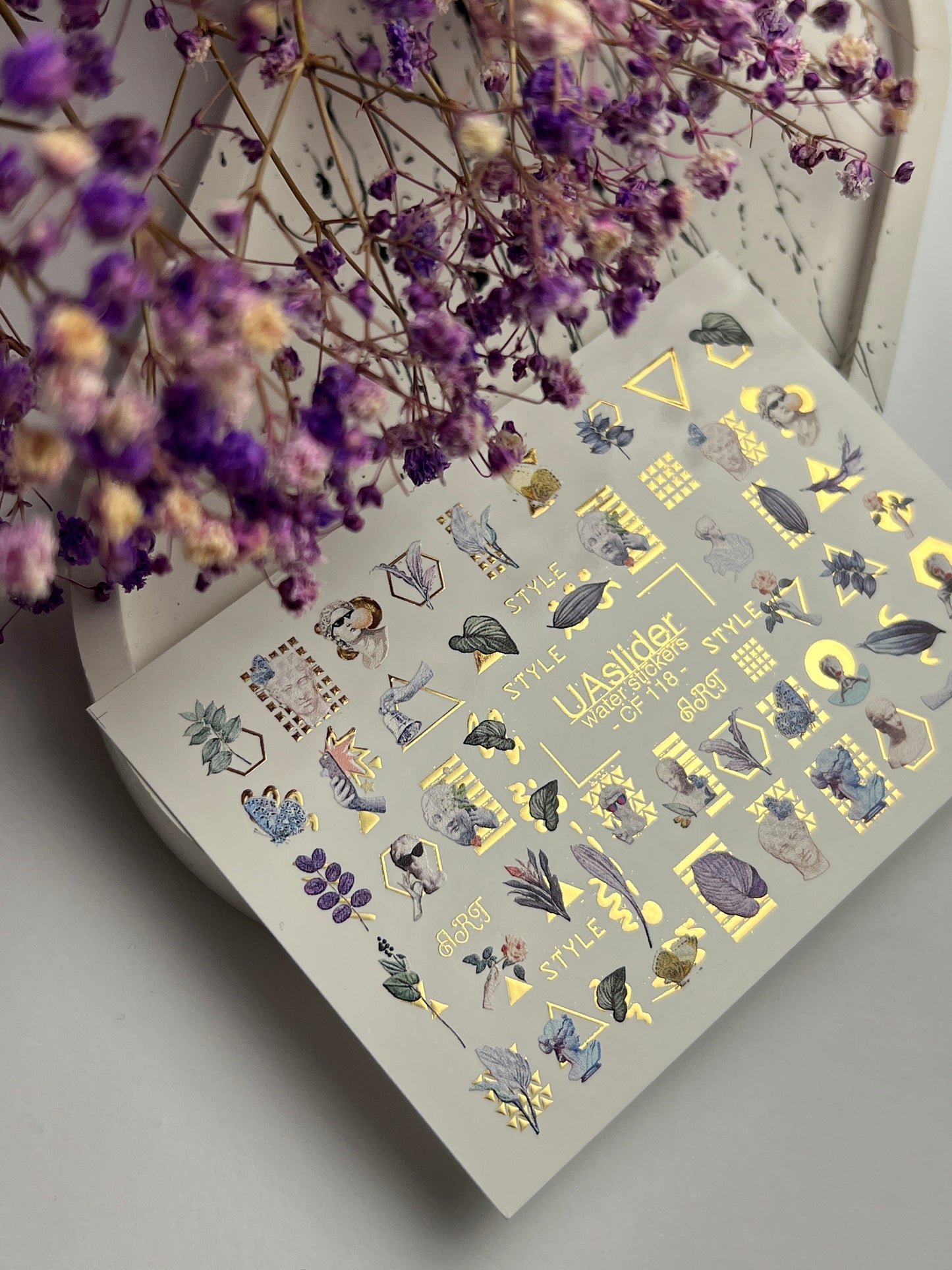 Nail Water Decal CF-118 | Artistic Water Slide Nail Decals | Sculpture, Leaves & Gold Geometric Accents