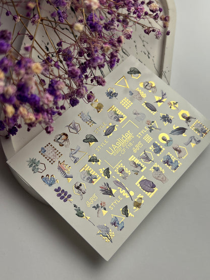 Nail Water Decal CF-118 | Artistic Water Slide Nail Decals | Sculpture, Leaves & Gold Geometric Accents