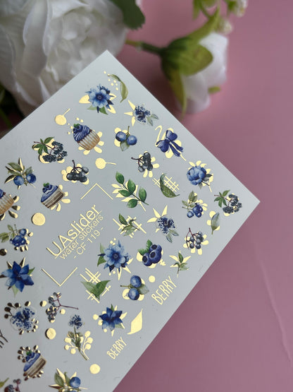 Nail Water Decal CF-119 | Berry Water Slide Nail Decals | Blueberries, Flowers & Sweet Cupcakes