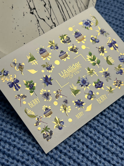 Nail Water Decal CF-119 | Berry Water Slide Nail Decals | Blueberries, Flowers & Sweet Cupcakes