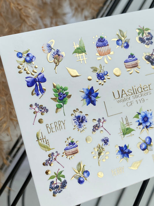 Nail Water Decal CF-119 | Berry Water Slide Nail Decals | Blueberries, Flowers & Sweet Cupcakes