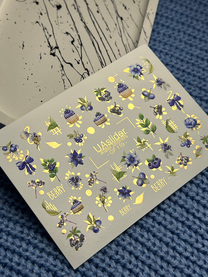 Nail Water Decal CF-119 | Berry Water Slide Nail Decals | Blueberries, Flowers & Sweet Cupcakes