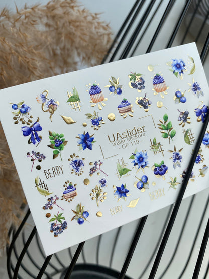 Nail Water Decal CF-119 | Berry Water Slide Nail Decals | Blueberries, Flowers & Sweet Cupcakes