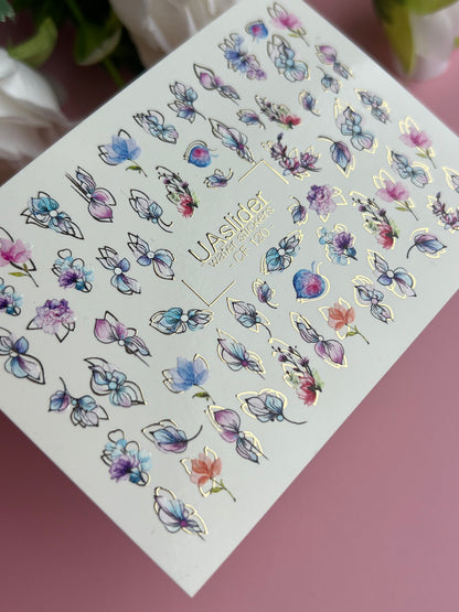 Nagel Wasserabziehbild CF-120 | Florale Wasser-Schiebefolien für Nägel | Pastellblumen mit Gold- & Konturdetails