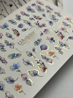 Nail Water Decal CF-120 | Floral Water Slide Nail Decals | Pastel Flowers with Gold & Outline Details - UASLIDER