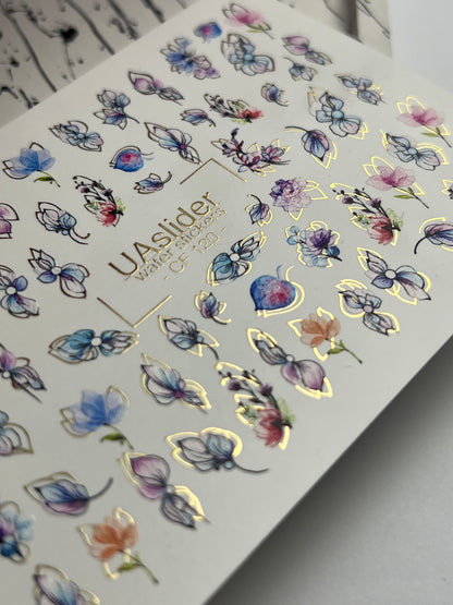 Nagel Wasserabziehbild CF-120 | Florale Wasser-Schiebefolien für Nägel | Pastellblumen mit Gold- & Konturdetails