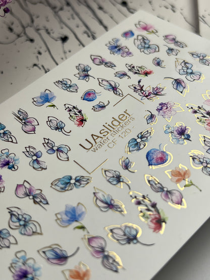 Nagel Wasserabziehbild CF-120 | Florale Wasser-Schiebefolien für Nägel | Pastellblumen mit Gold- & Konturdetails