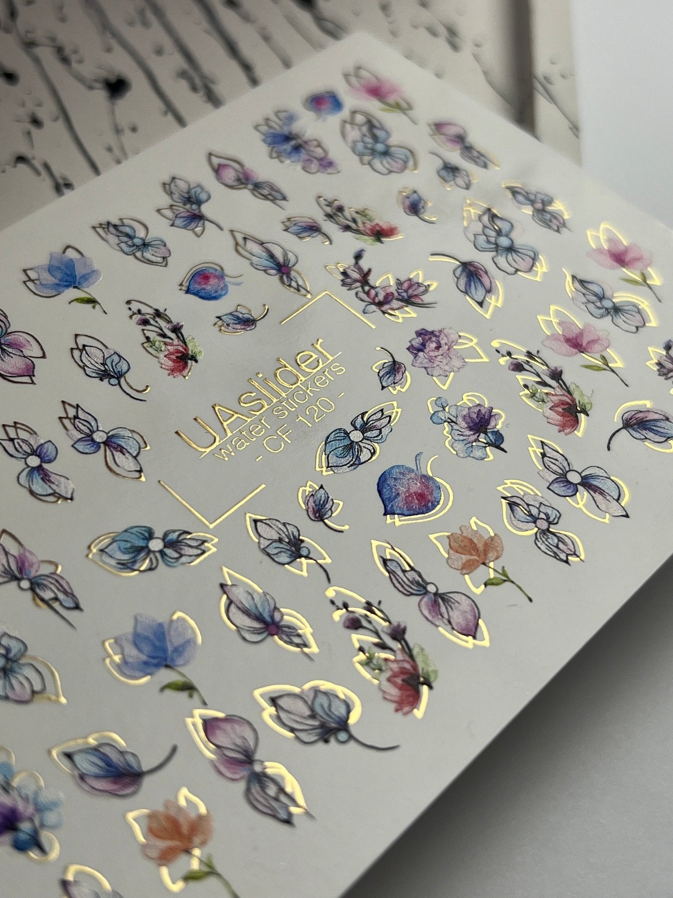 Nail Water Decal CF-120 | Floral Water Slide Nail Decals | Pastel Flowers with Gold & Outline Details - UASLIDER