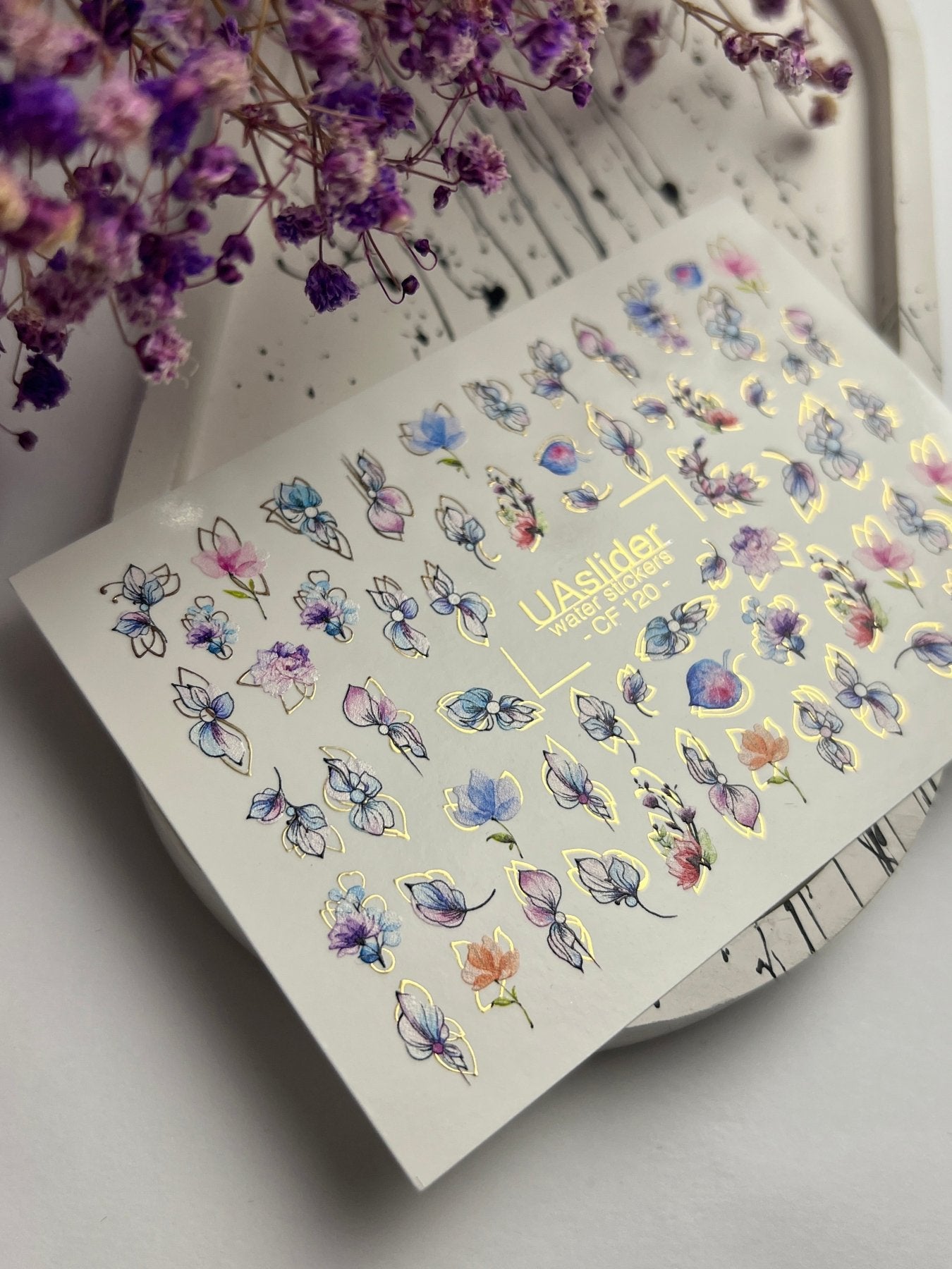 Nail Water Decal CF-120 | Floral Water Slide Nail Decals | Pastel Flowers with Gold & Outline Details - UASLIDER