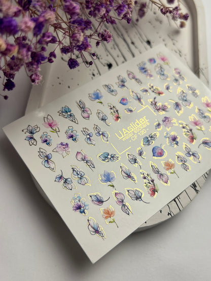 Nagel Wasserabziehbild CF-120 | Florale Wasser-Schiebefolien für Nägel | Pastellblumen mit Gold- & Konturdetails