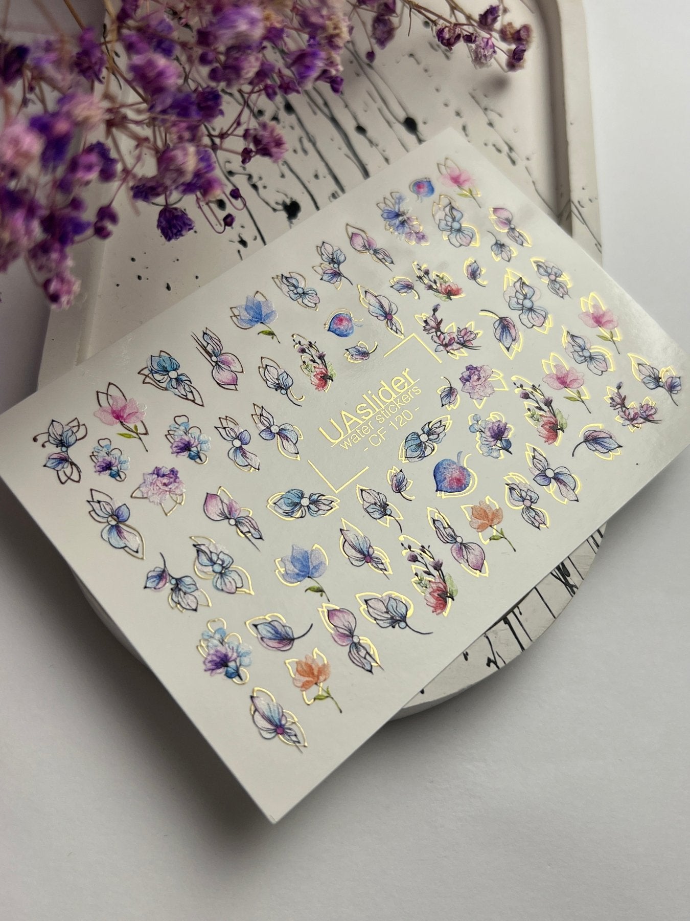 Nail Water Decal CF-120 | Floral Water Slide Nail Decals | Pastel Flowers with Gold & Outline Details - UASLIDER