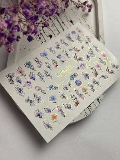 Nagel Wasserabziehbild CF-120 | Florale Wasser-Schiebefolien für Nägel | Pastellblumen mit Gold- & Konturdetails