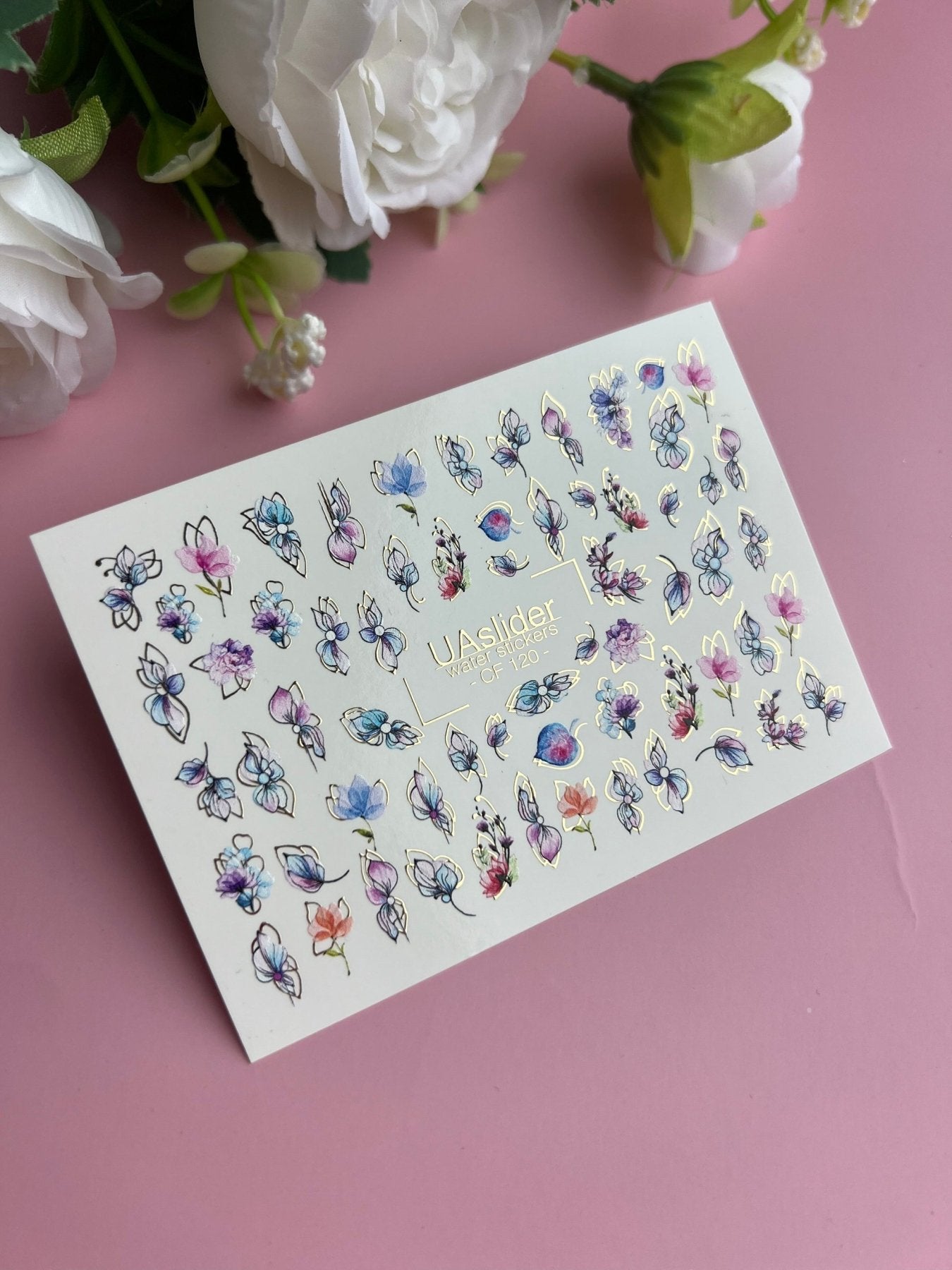 Nail Water Decal CF-120 | Floral Water Slide Nail Decals | Pastel Flowers with Gold & Outline Details - UASLIDER