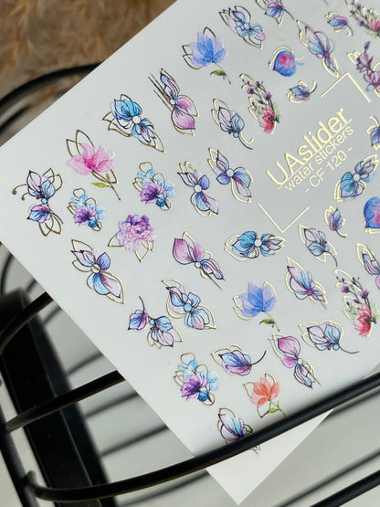 Nagel Wasserabziehbild CF-120 | Florale Wasser-Schiebefolien für Nägel | Pastellblumen mit Gold- & Konturdetails