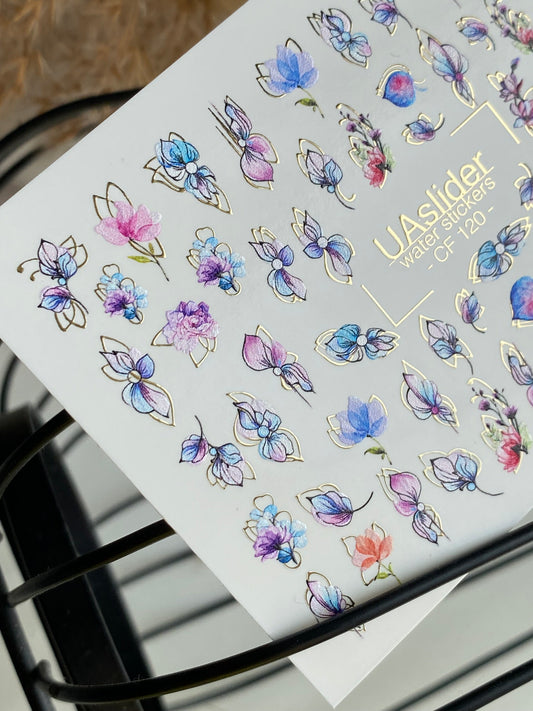 Nail Water Decal CF-120 | Floral Water Slide Nail Decals | Pastel Flowers with Gold & Outline Details