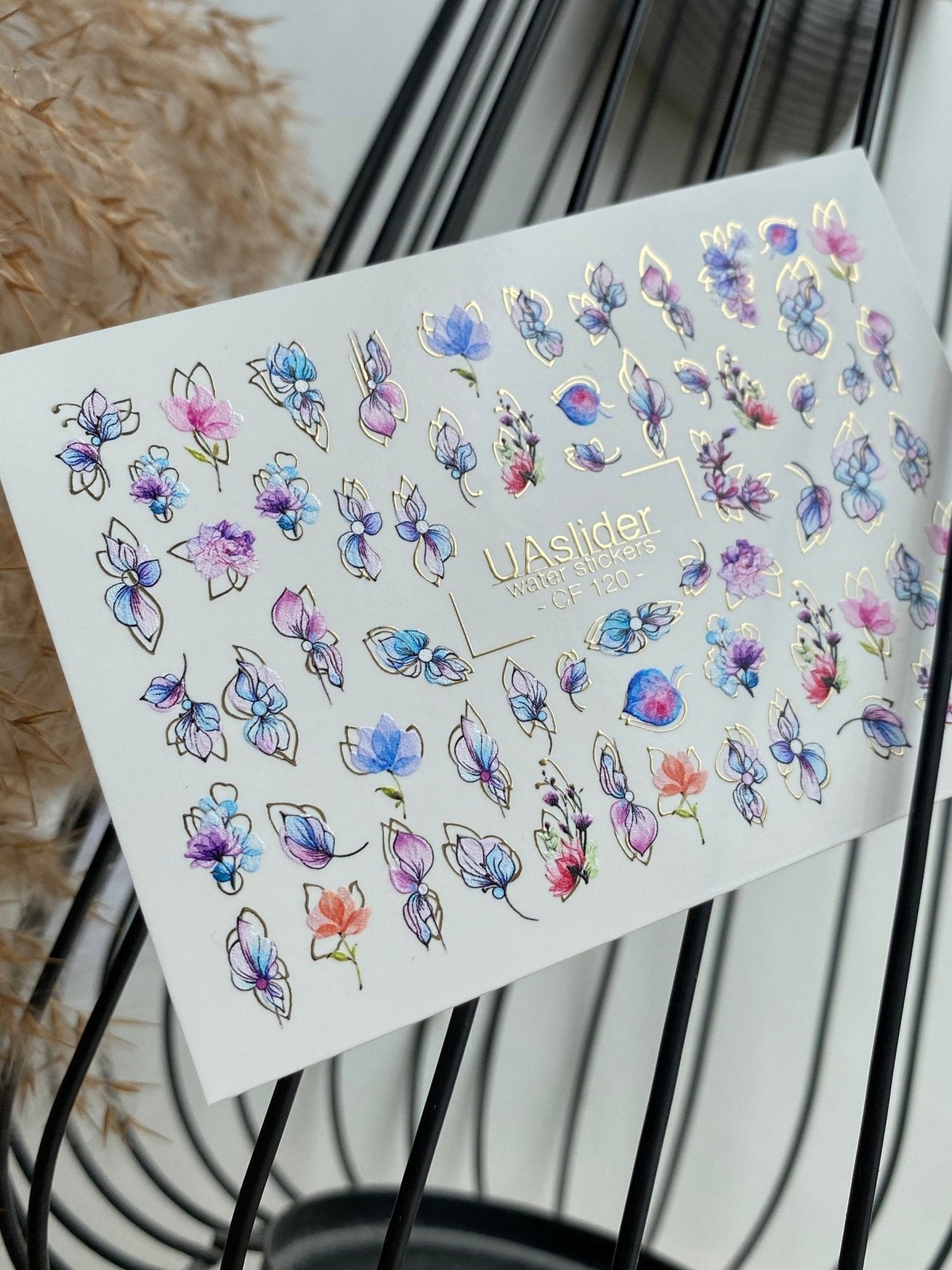 Nail Water Decal CF-120 | Floral Water Slide Nail Decals | Pastel Flowers with Gold & Outline Details - UASLIDER