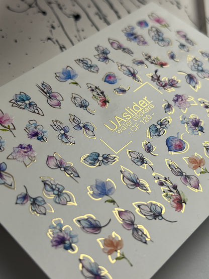 Nagel Wasserabziehbild CF-120 | Florale Wasser-Schiebefolien für Nägel | Pastellblumen mit Gold- & Konturdetails