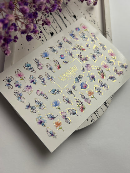 Nagel Wasserabziehbild CF-120 | Florale Wasser-Schiebefolien für Nägel | Pastellblumen mit Gold- & Konturdetails