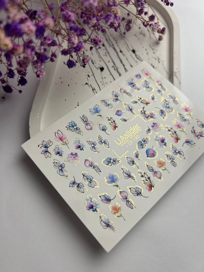 Nagel Wasserabziehbild CF-120 | Florale Wasser-Schiebefolien für Nägel | Pastellblumen mit Gold- & Konturdetails