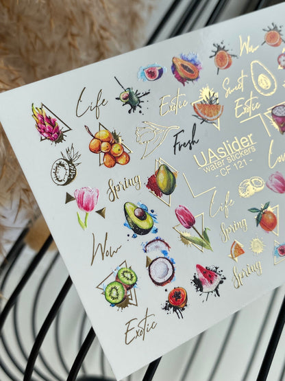 Nail Water Decal CF-121 | Exotic Fruit Water Slide Nail Decals | Avocado, Dragonfruit, Kiwi & Tropical Designs
