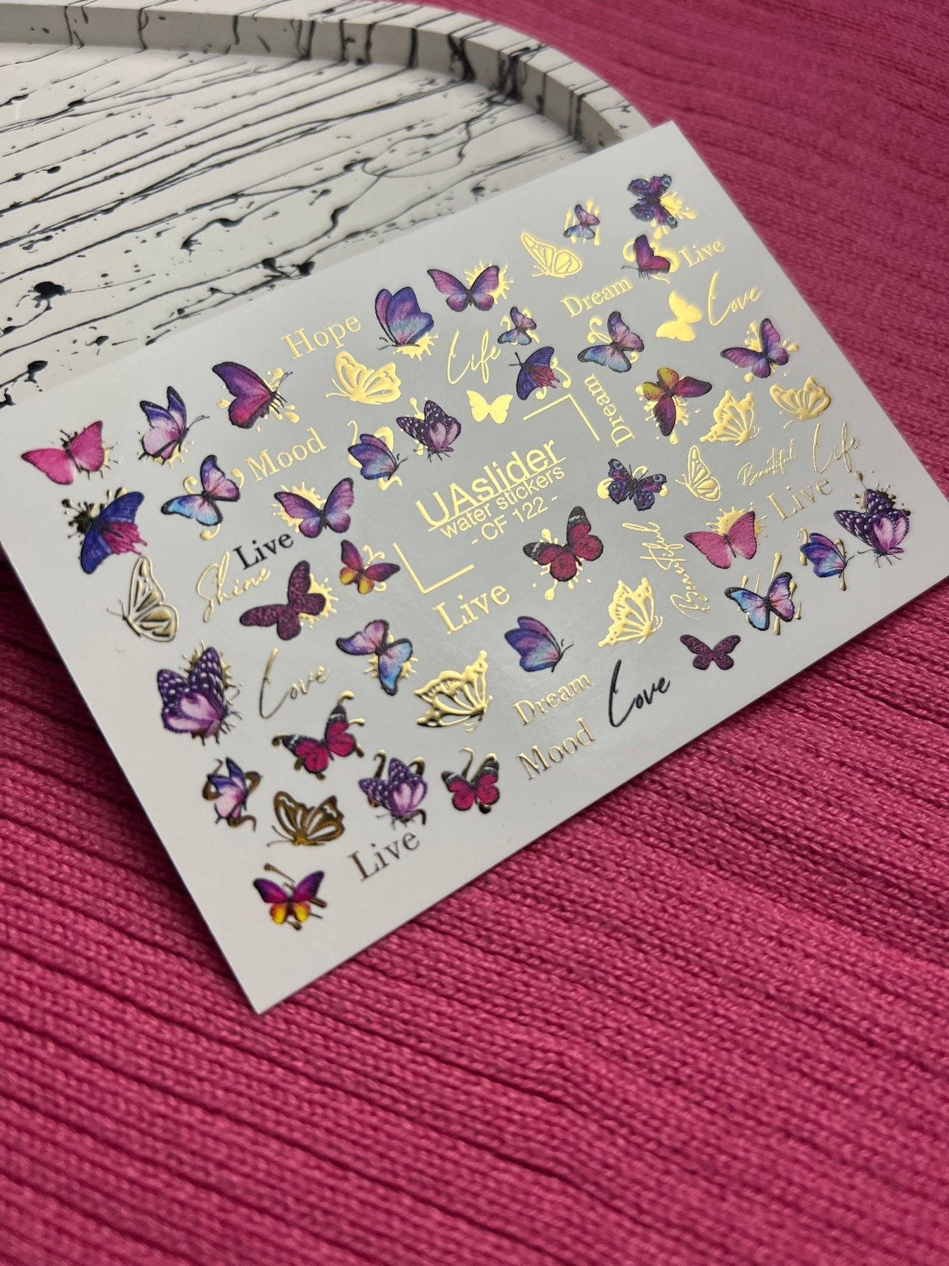 Nail Water Decal CF-122 | Butterfly Nail Water Decals | Pink & Purple Butterflies with Gold Accents - UASLIDER