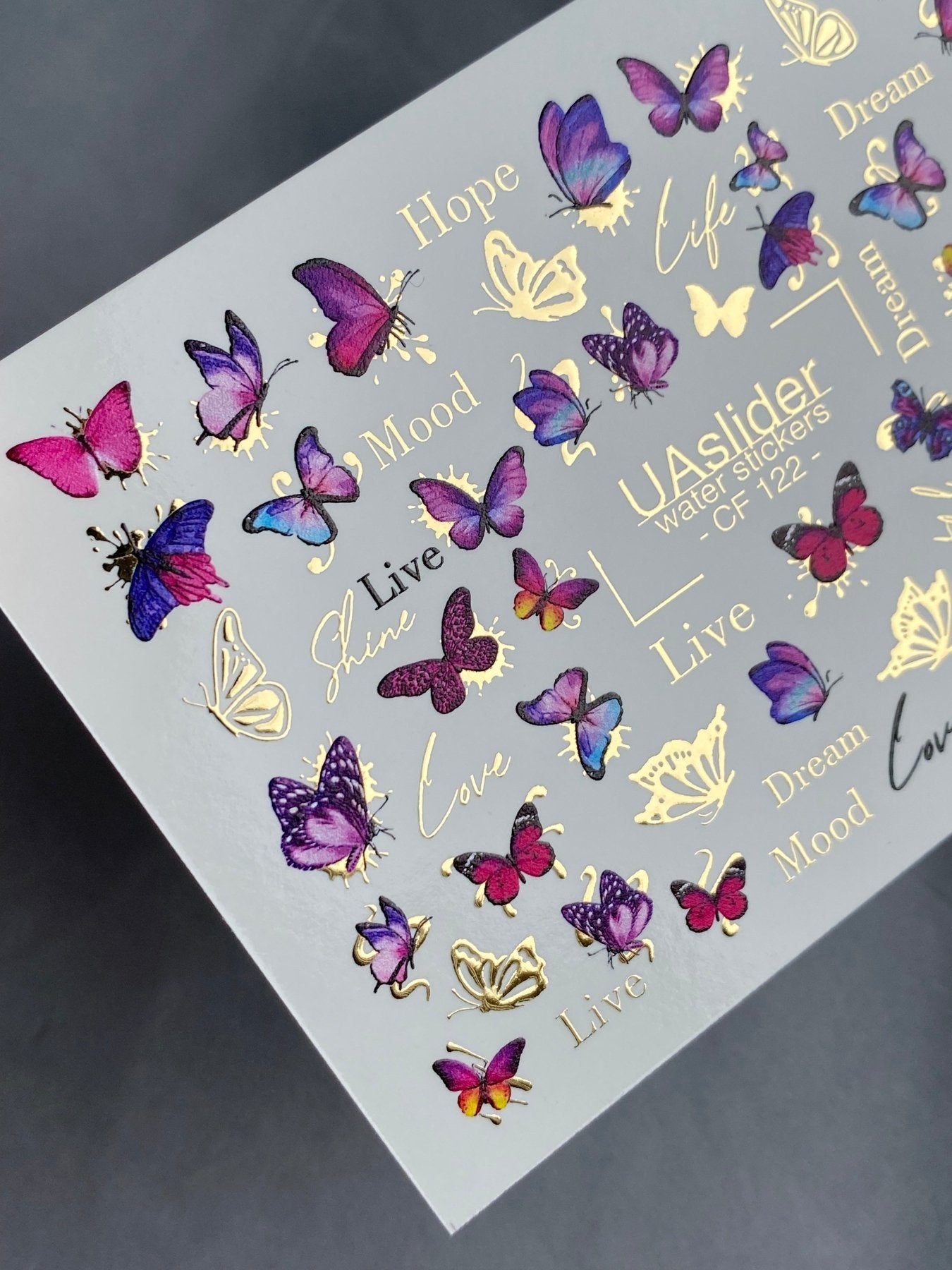 Nail Water Decal CF-122 | Butterfly Nail Water Decals | Pink & Purple Butterflies with Gold Accents - UASLIDER
