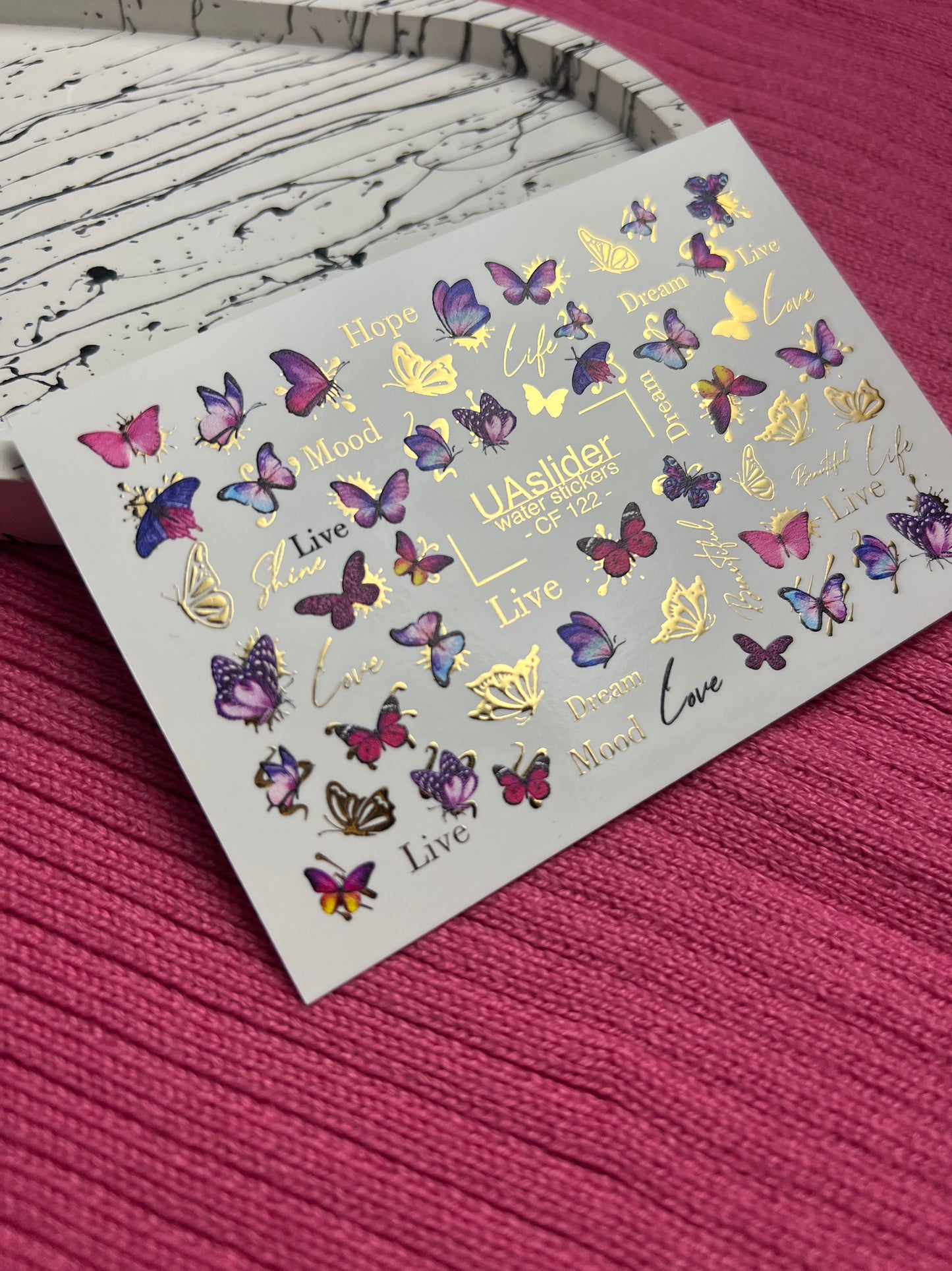 Nail Water Decal CF-122 | Butterfly Nail Water Decals | Pink & Purple Butterflies with Gold Accents