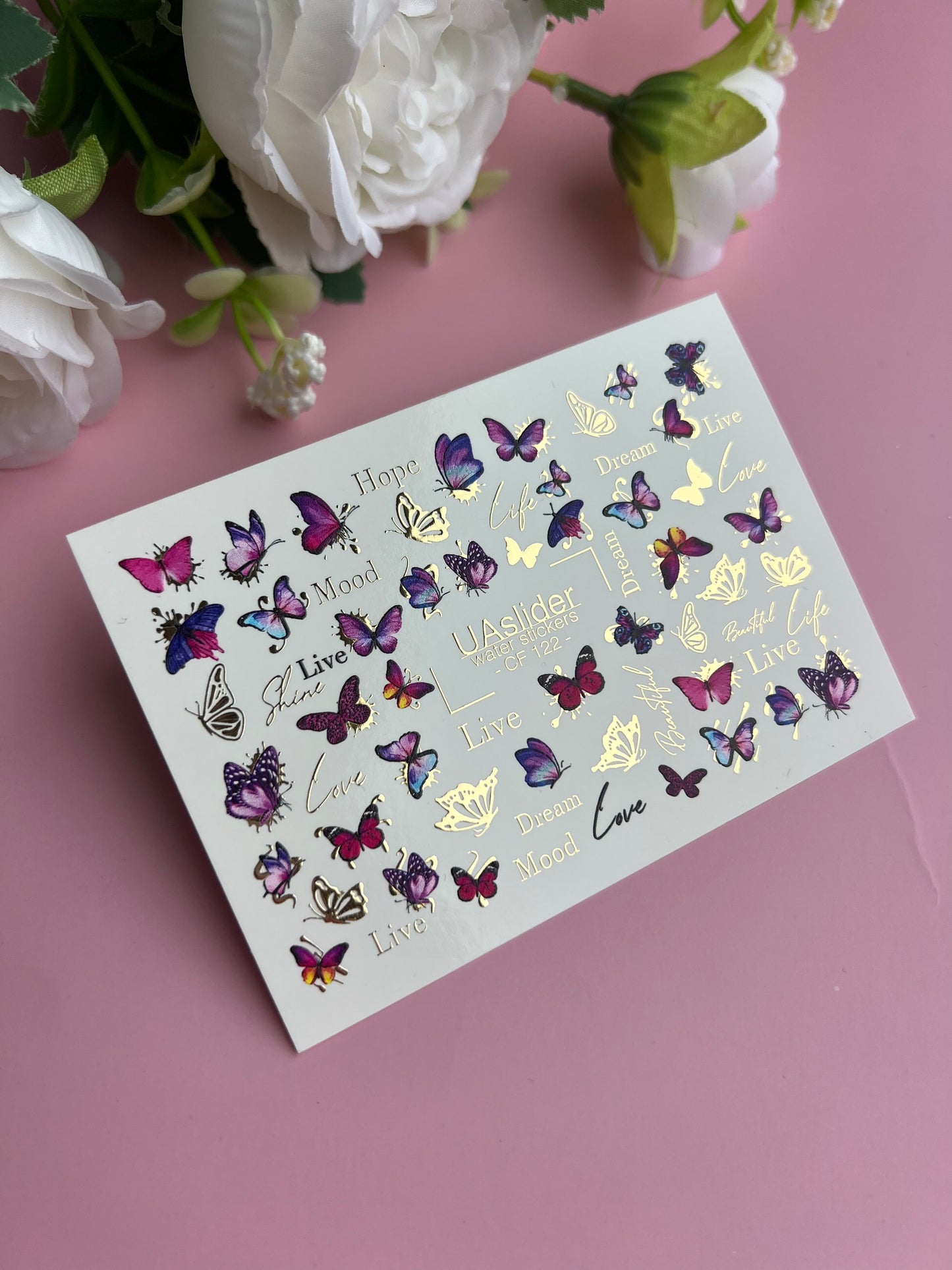 Nail Water Decal CF-122 | Butterfly Nail Water Decals | Pink & Purple Butterflies with Gold Accents