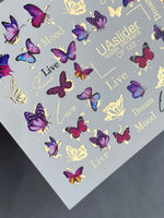Nail Water Decal CF-122 | Butterfly Nail Water Decals | Pink & Purple Butterflies with Gold Accents - UASLIDER