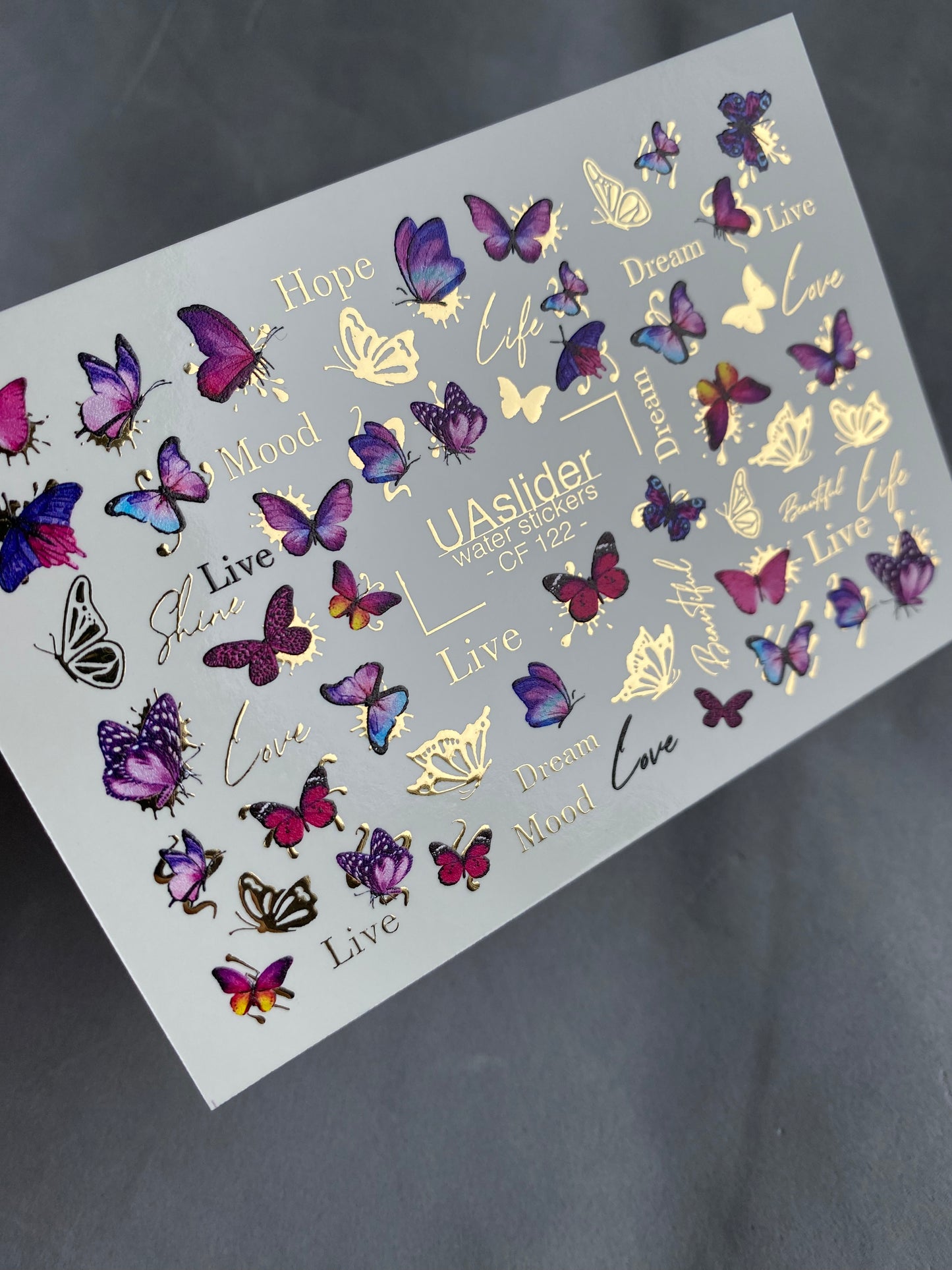 Nail Water Decal CF-122 | Butterfly Nail Water Decals | Pink & Purple Butterflies with Gold Accents