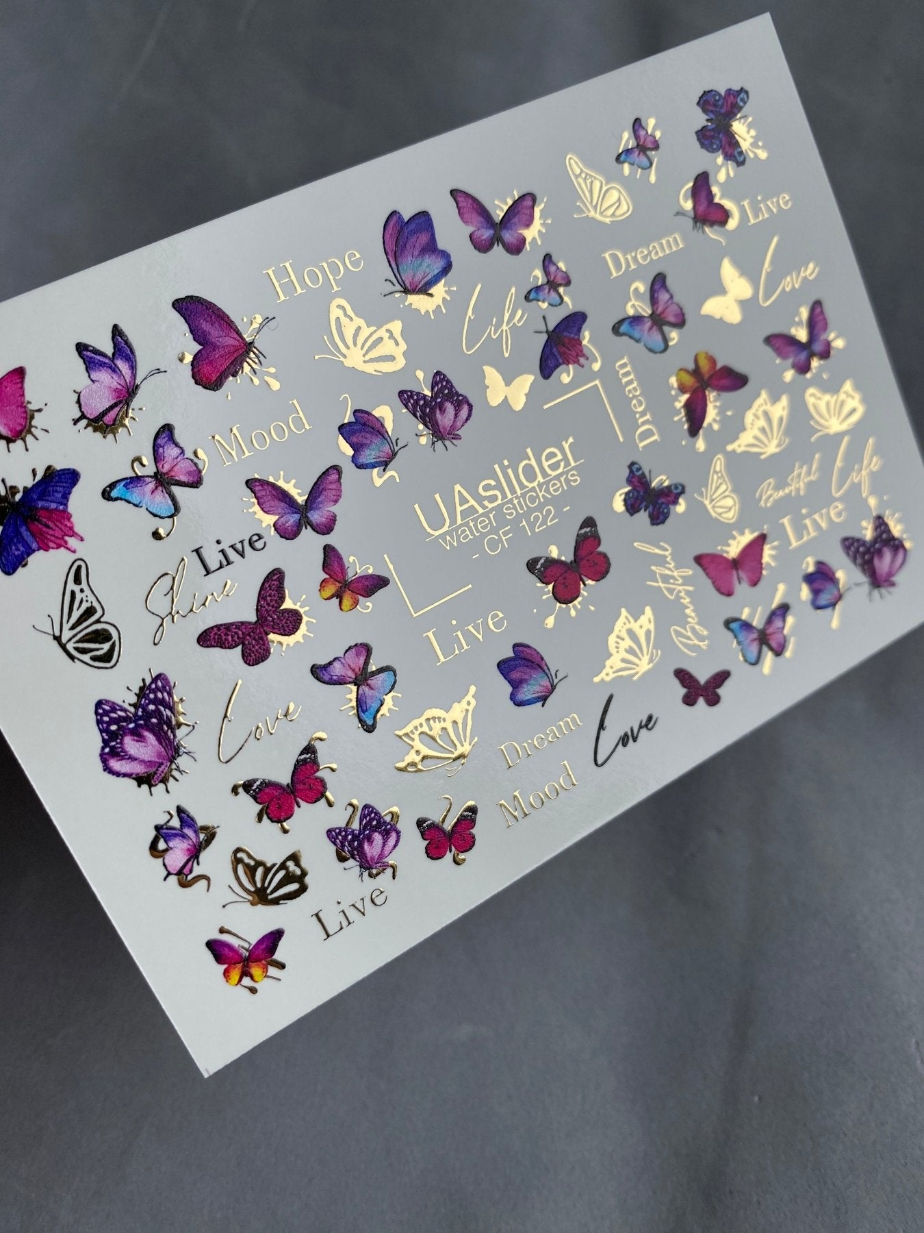 Nail Water Decal CF-122 | Butterfly Nail Water Decals | Pink & Purple Butterflies with Gold Accents - UASLIDER
