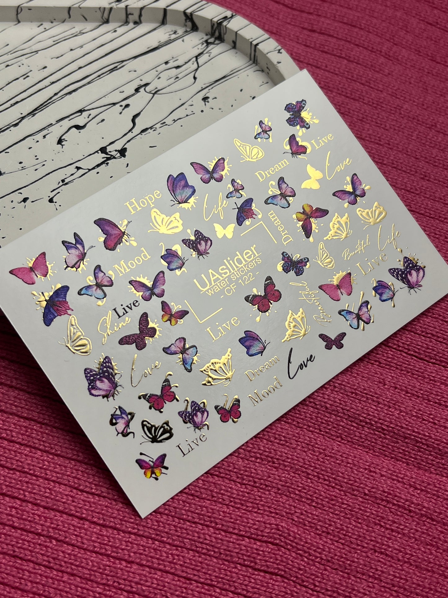 Nail Water Decal CF-122 | Butterfly Nail Water Decals | Pink & Purple Butterflies with Gold Accents
