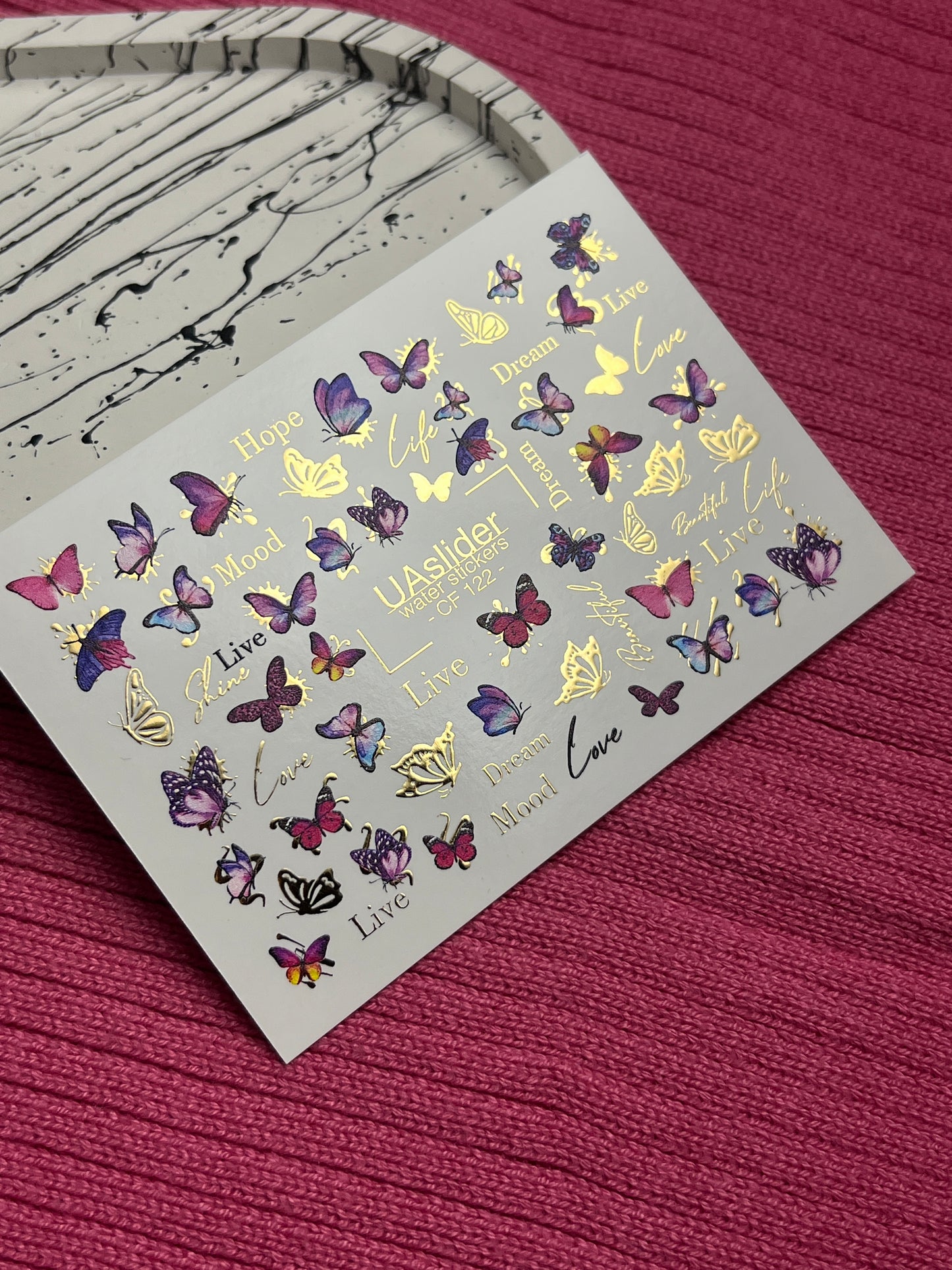 Nail Water Decal CF-122 | Butterfly Nail Water Decals | Pink & Purple Butterflies with Gold Accents