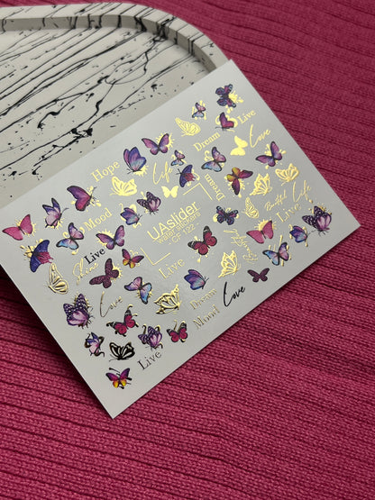 Nail Water Decal CF-122 | Butterfly Nail Water Decals | Pink & Purple Butterflies with Gold Accents
