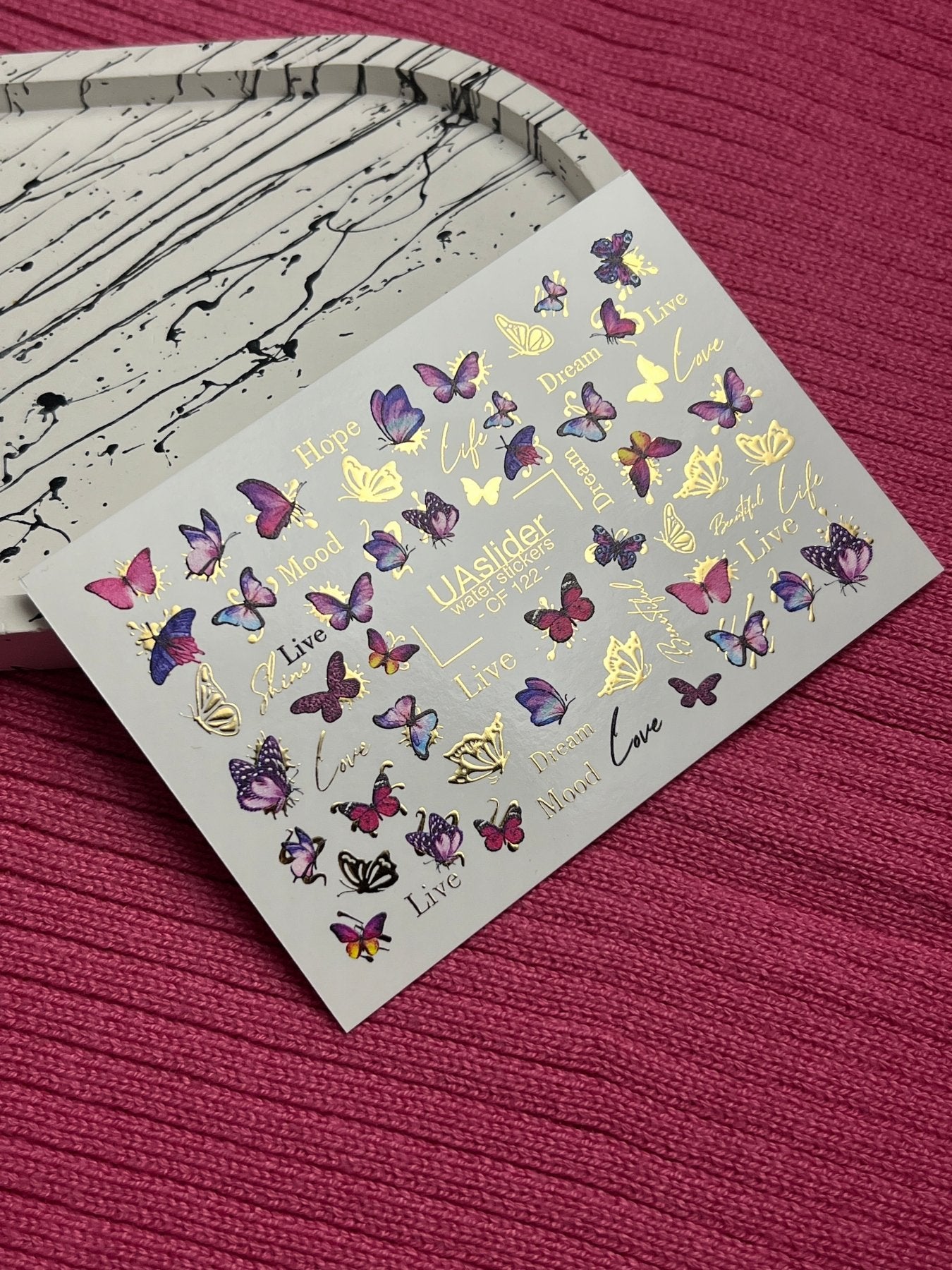 Nail Water Decal CF-122 | Butterfly Nail Water Decals | Pink & Purple Butterflies with Gold Accents - UASLIDER